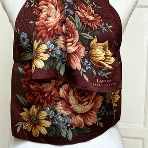Vintage RL Wine Color Floral Silk Scarf 53L x12W  New , Never Worn, With Tags